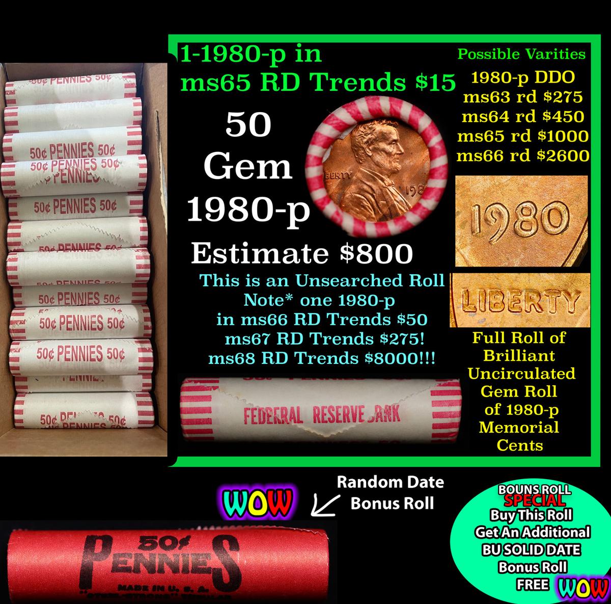 THIS AUCTION ONLY! BU Shotgun Lincoln 1c roll, 1980-p 50 pcs Plus one bonus random date BU roll! Ban