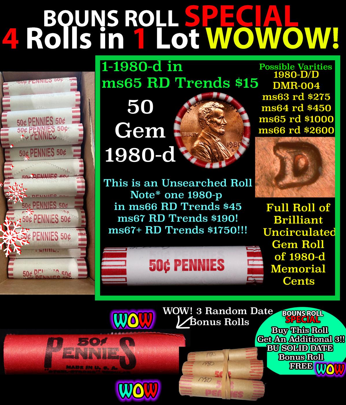 THIS AUCTION ONLY! BU Shotgun Lincoln 1c roll, 1980-d 50 pcs Plus THREE bonus random date BU roll! B