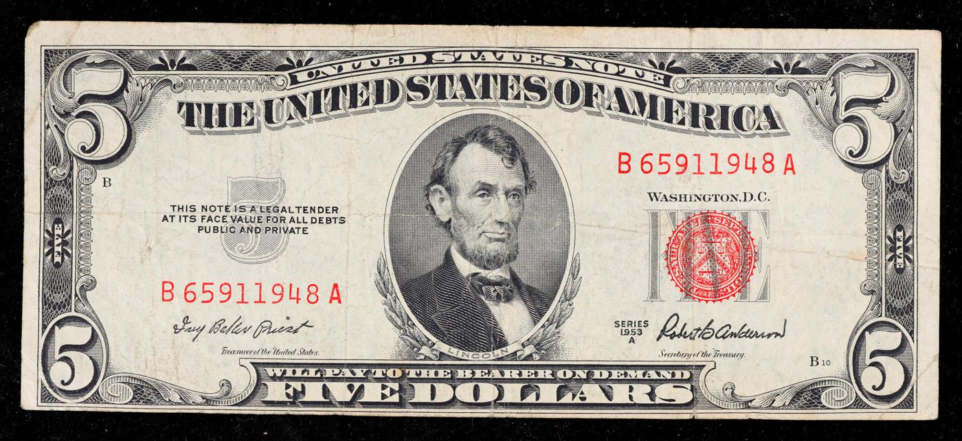 1953A $5 Red Seal United States Note Grades vf++