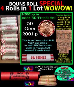 THIS AUCTION ONLY! BU Shotgun Lincoln 1c roll, 2001-p 50 pcs Plus THREE bonus random date BU roll! B