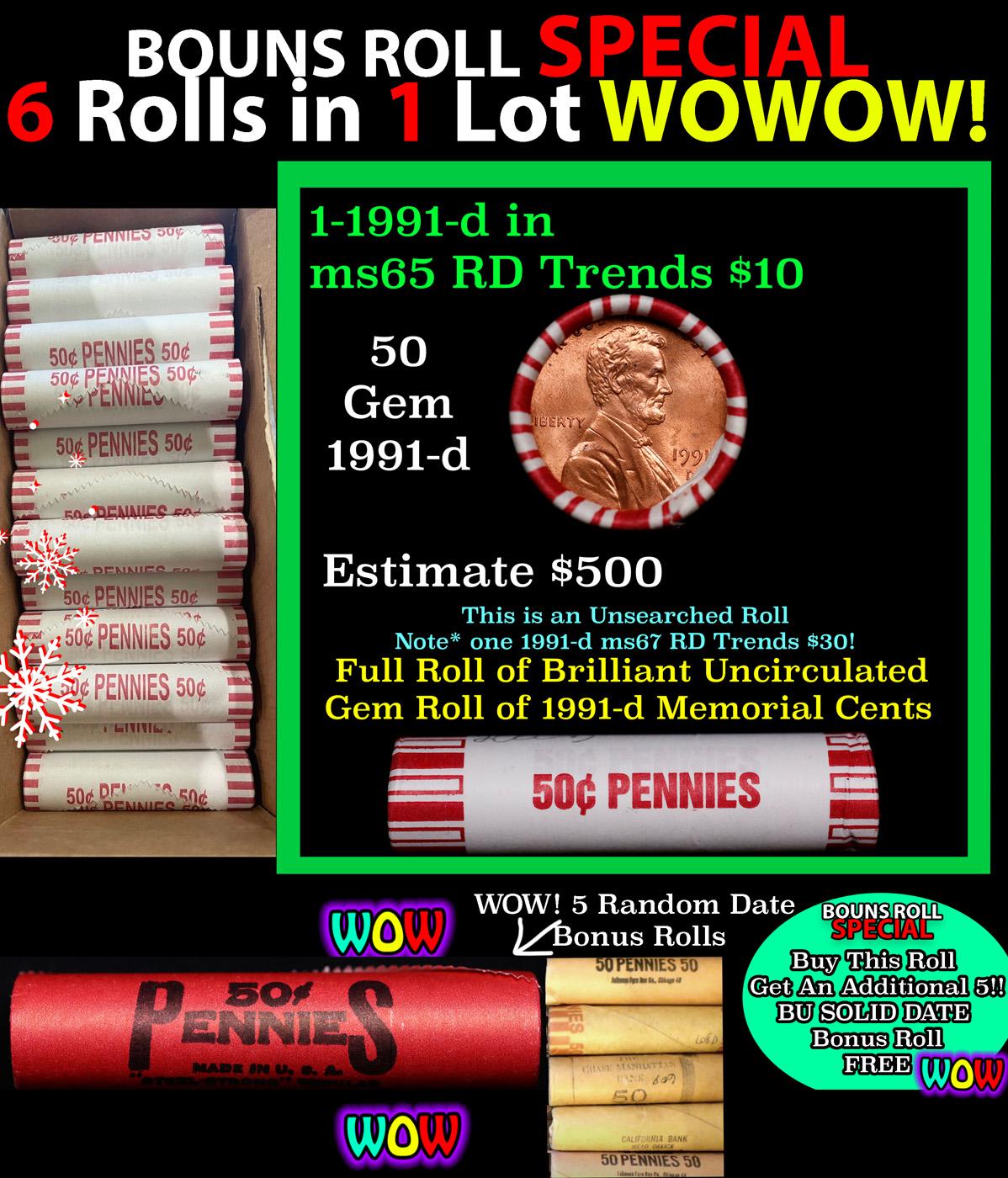 THIS AUCTION ONLY! BU Shotgun Lincoln 1c roll, 1991-d 50 pcs Plus FIVE bonus random date BU roll! Ba