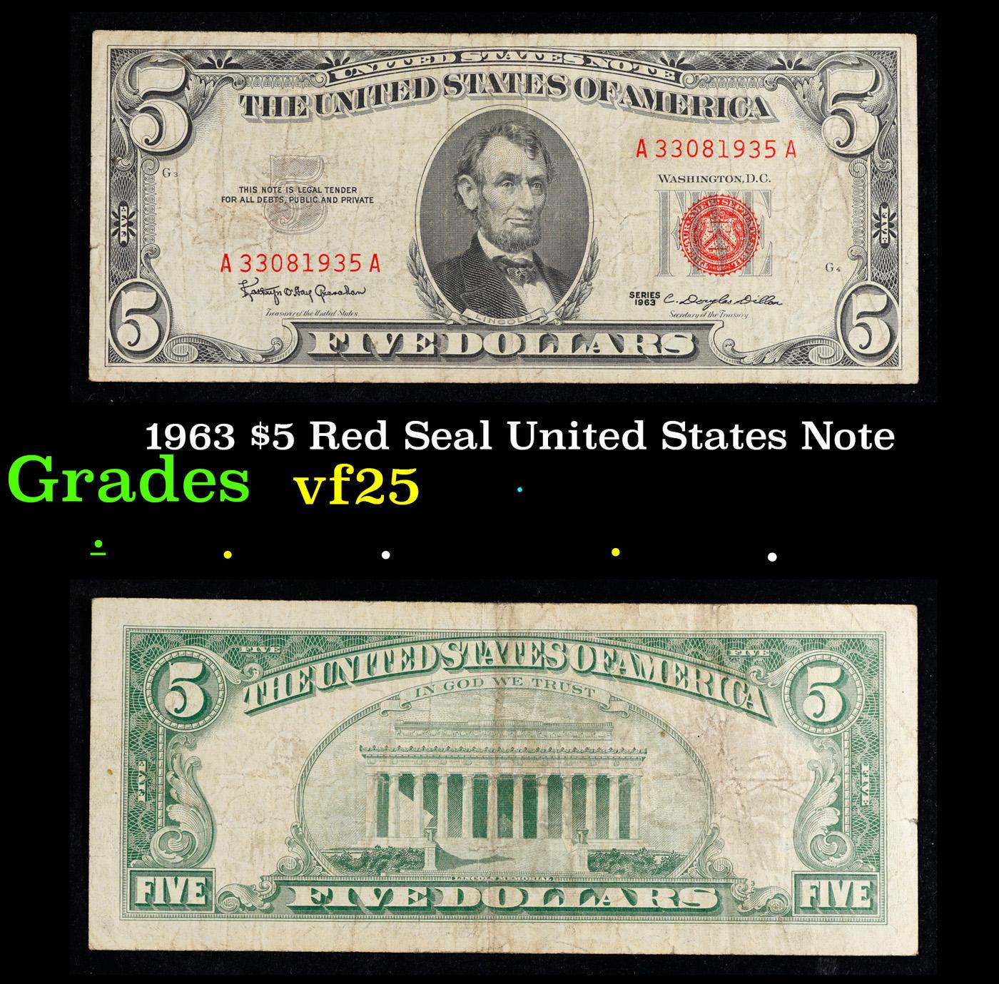 1963 $5 Red Seal United States Note Grades vf+