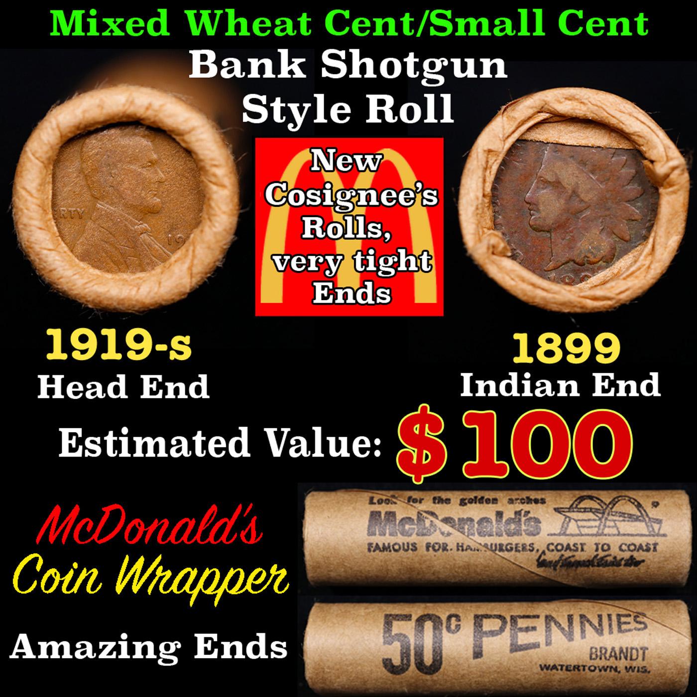 Small Cent Mixed Roll Orig Brandt McDonalds Wrapper, 1919-s Lincoln Wheat end, 1899 Indian other end