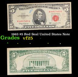 1963 $5 Red Seal United States Note Grades vf+