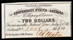 1861 Confederate States Two Dollars Note Grades Choice AU/BU Slider