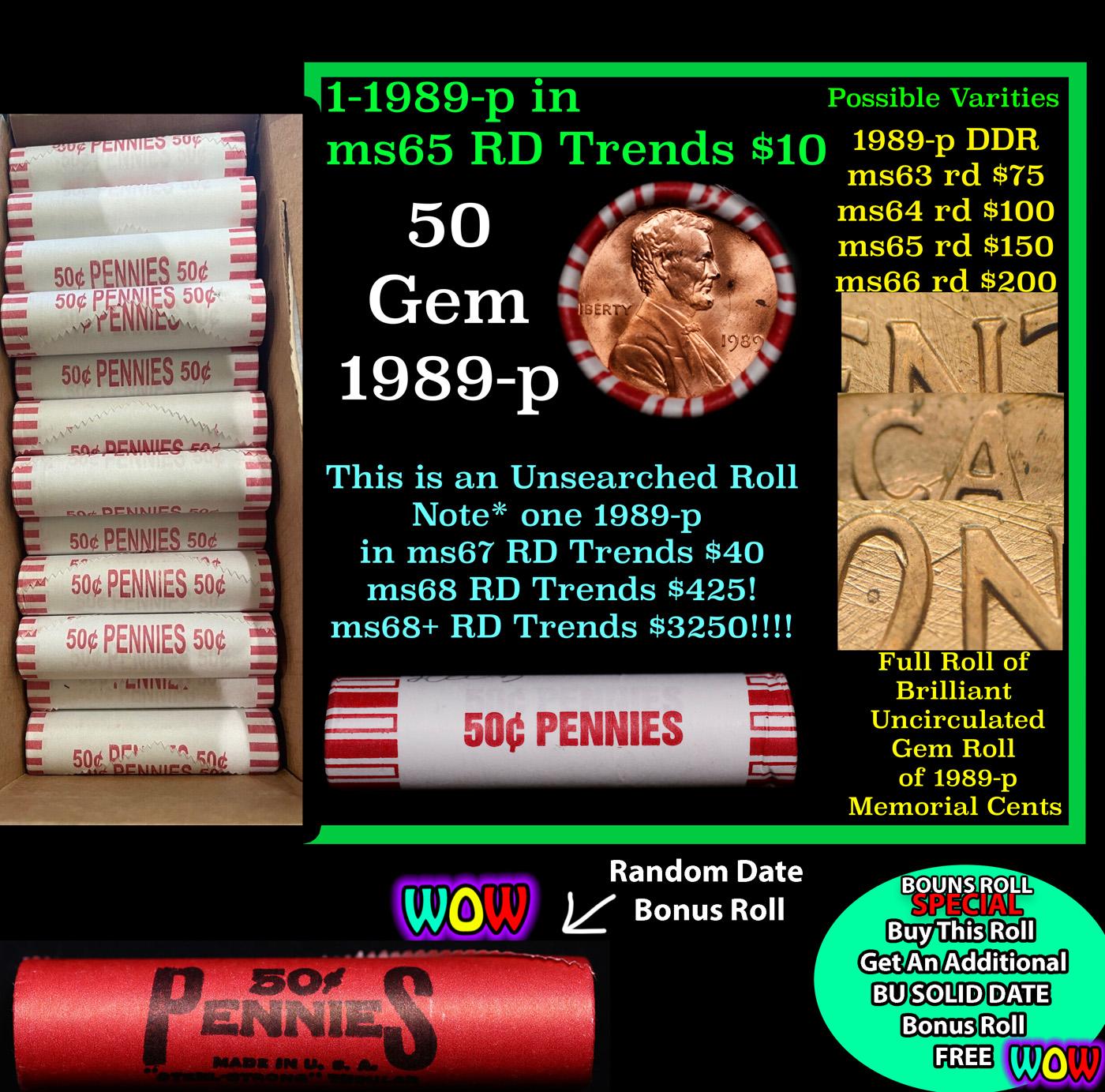 THIS AUCTION ONLY! BU Shotgun Lincoln 1c roll, 1989-p 50 pcs Plus one bonus random date BU roll! Ban