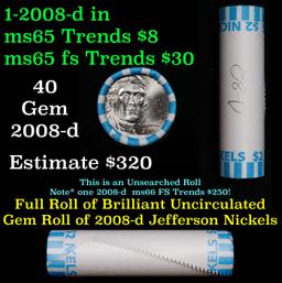 BU Shotgun Jefferson 5c roll, 2008-d 40 pcs Bank $2 Nickel Wrapper