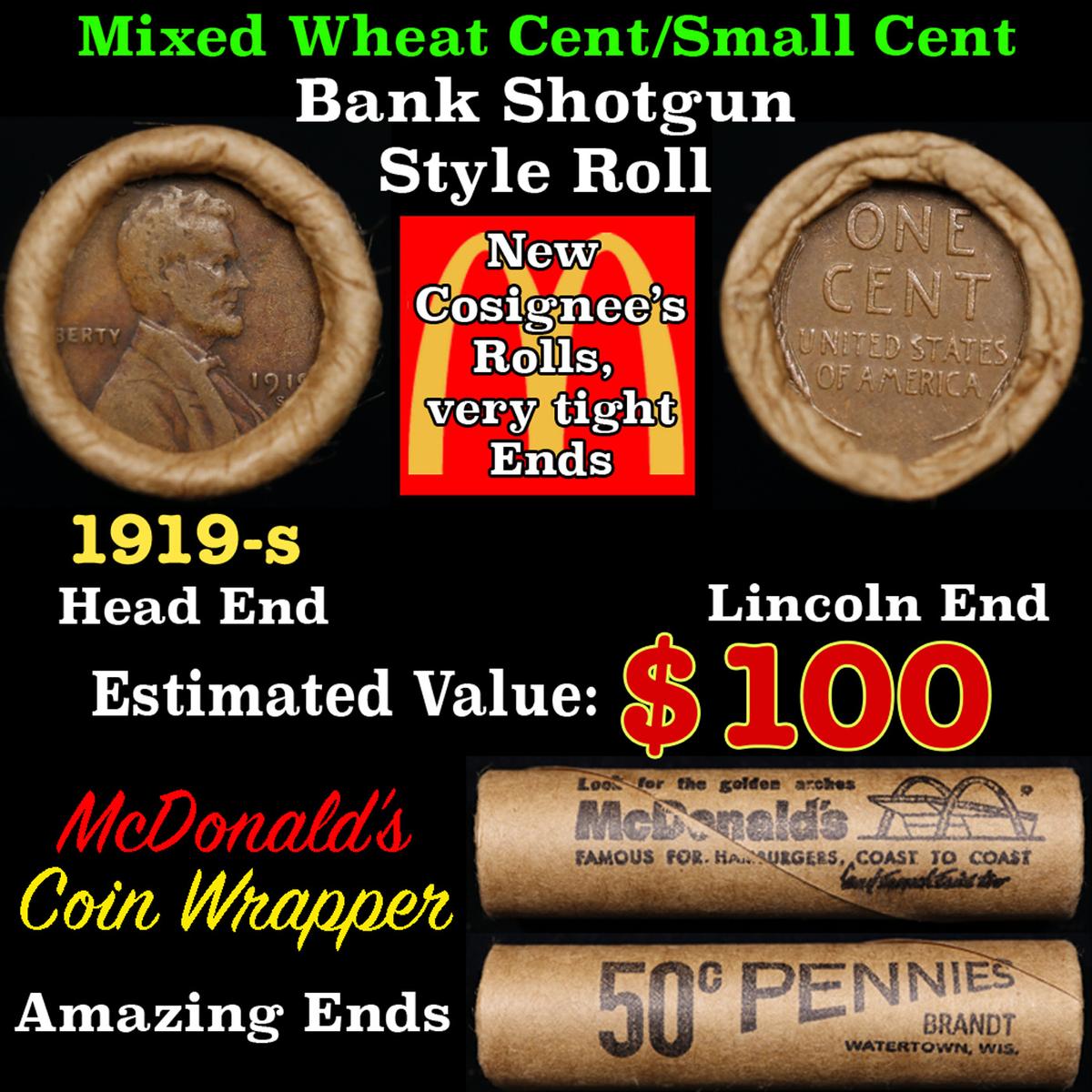 Lincoln Wheat Cent 1c Mixed Roll Orig Brandt McDonalds Wrapper, 1919-s end, Wheat other end