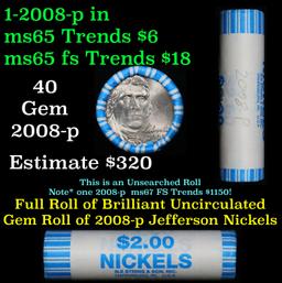 BU Shotgun Jefferson 5c roll, 2008-p 40 pcs N.F. String & Son $2 Nickel Wrapper