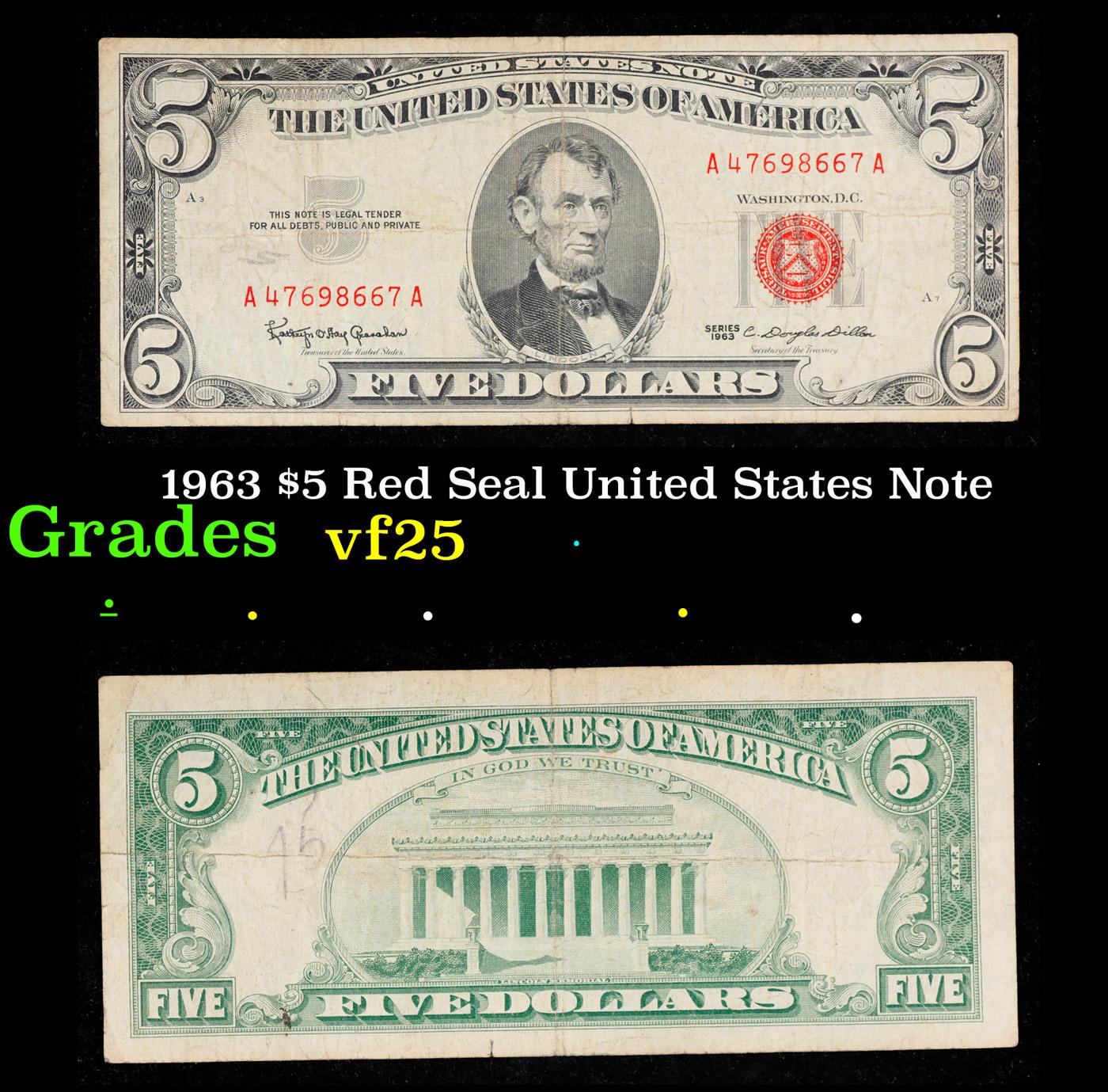 1963 $5 Red Seal United States Note Grades vf+