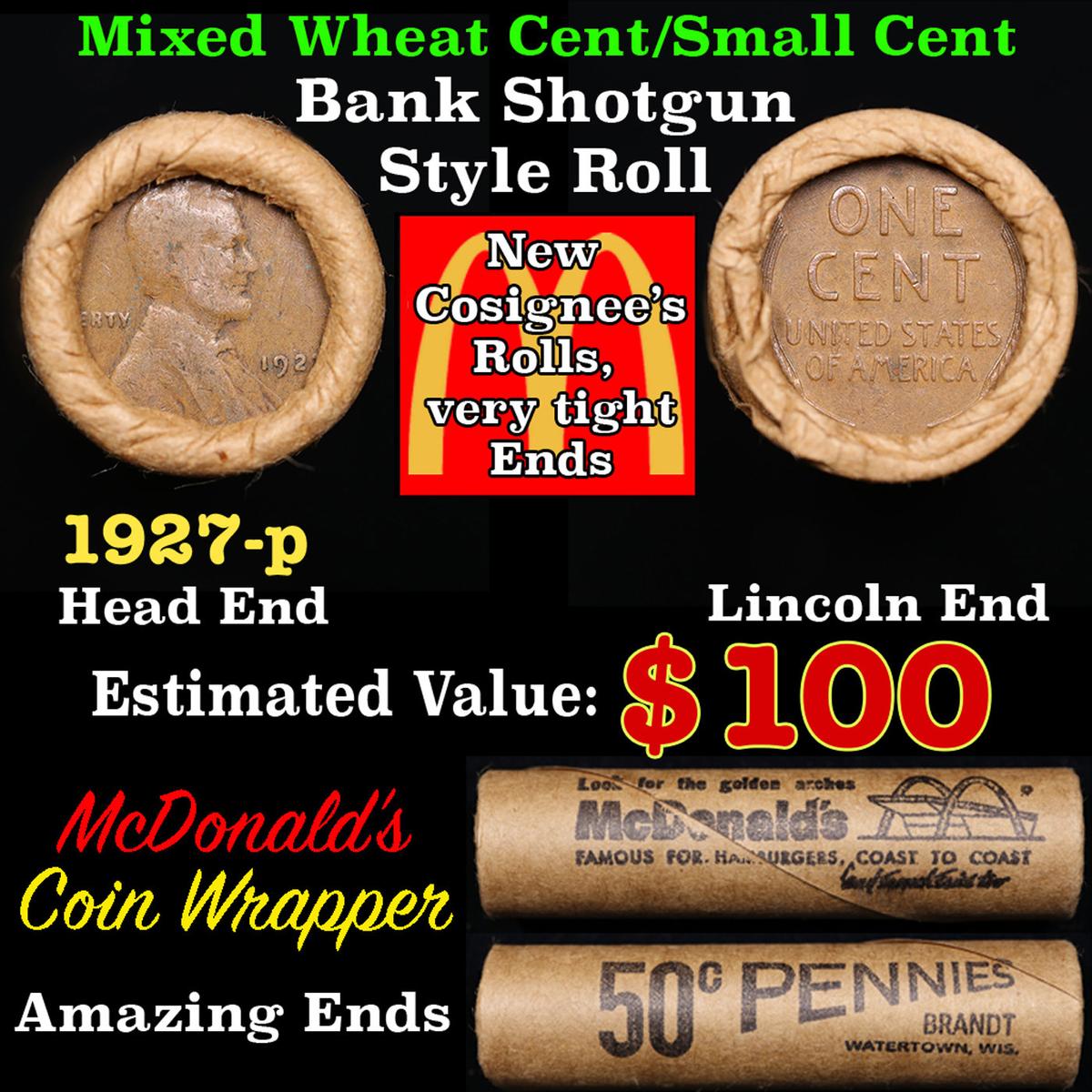 Lincoln Wheat Cent 1c Mixed Roll Orig Brandt McDonalds Wrapper, 1927-p end, Wheat other end