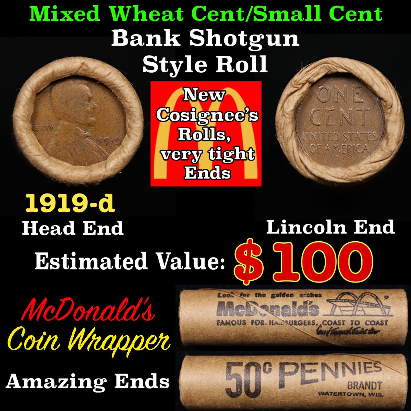 Lincoln Wheat Cent 1c Mixed Roll Orig Brandt McDonalds Wrapper, 1919-d end, Wheat other end