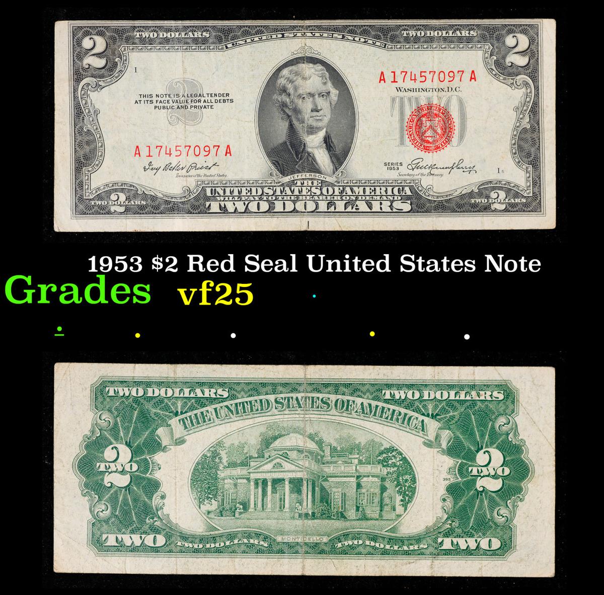 1953 $2 Red Seal United States Note Grades vf+