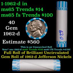 BU Shotgun Jefferson 5c roll, 1962-d 40 pcs Bank $2 Nickel Wrapper