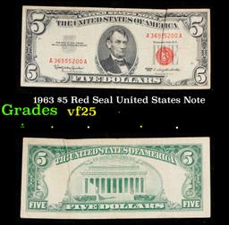 1963 $5 Red Seal United States Note Grades vf+