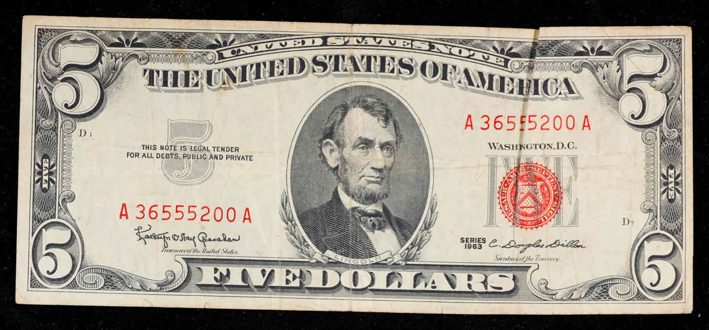 1963 $5 Red Seal United States Note Grades vf+