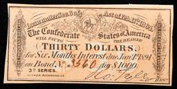 1864 3rd Series Confederate States Thirty Dollars Note Grades Choice AU/BU Slider