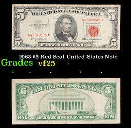 1963 $5 Red Seal United States Note Grades vf+