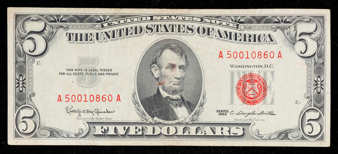 1963 $5 Red Seal United States Note Grades vf++