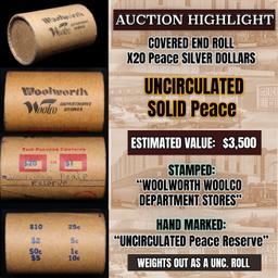 High Value! - Covered End Roll - Marked "Unc Peace Reserve" - Weight shows x20 Coins (FC)