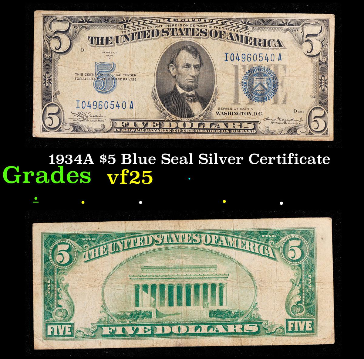 1934A $5 Blue Seal Silver Certificate Grades vf+