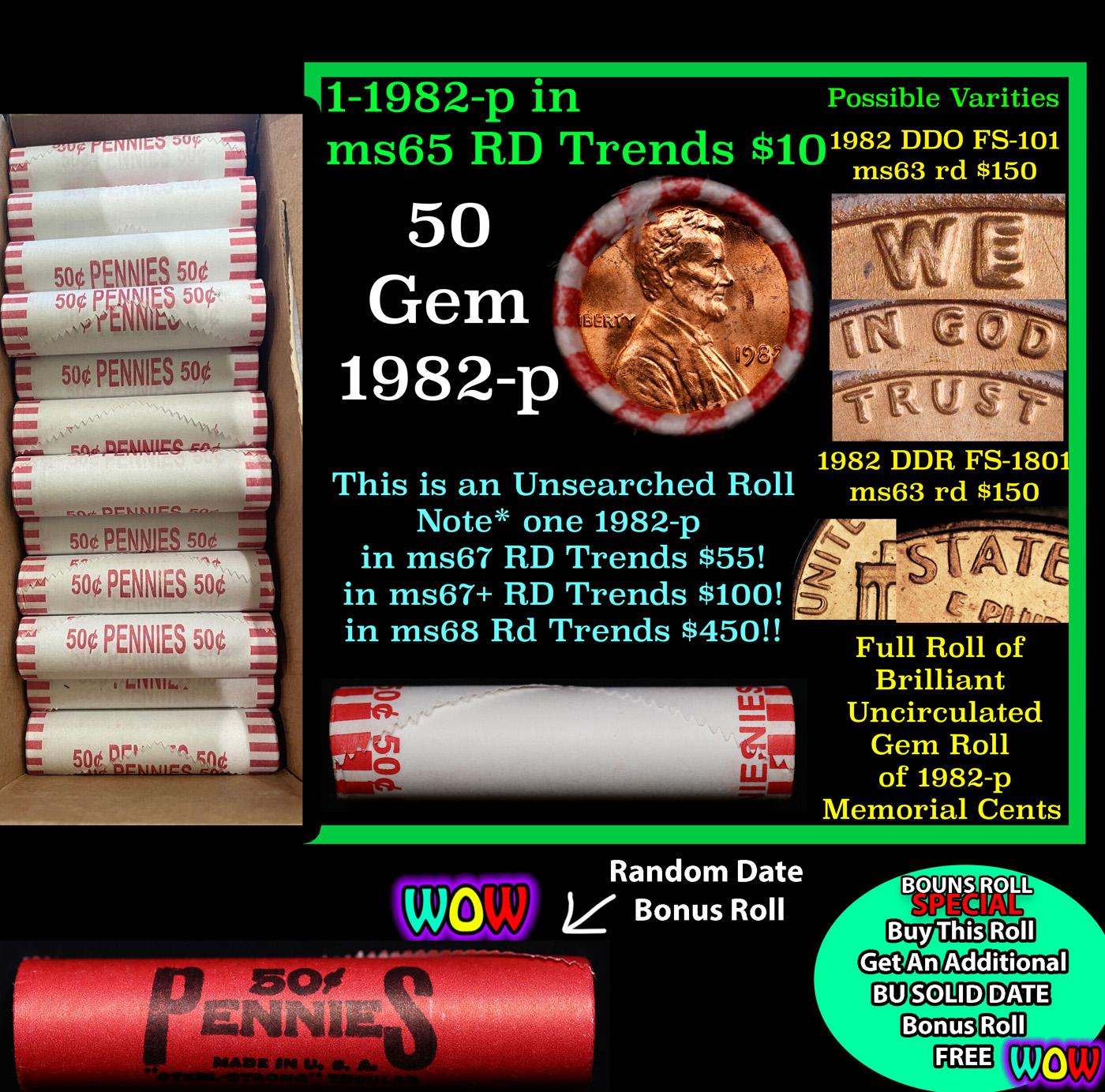 THIS AUCTION ONLY! BU Shotgun Lincoln 1c roll, 1982-p 50 pcs Plus one bonus random date BU roll! Ban