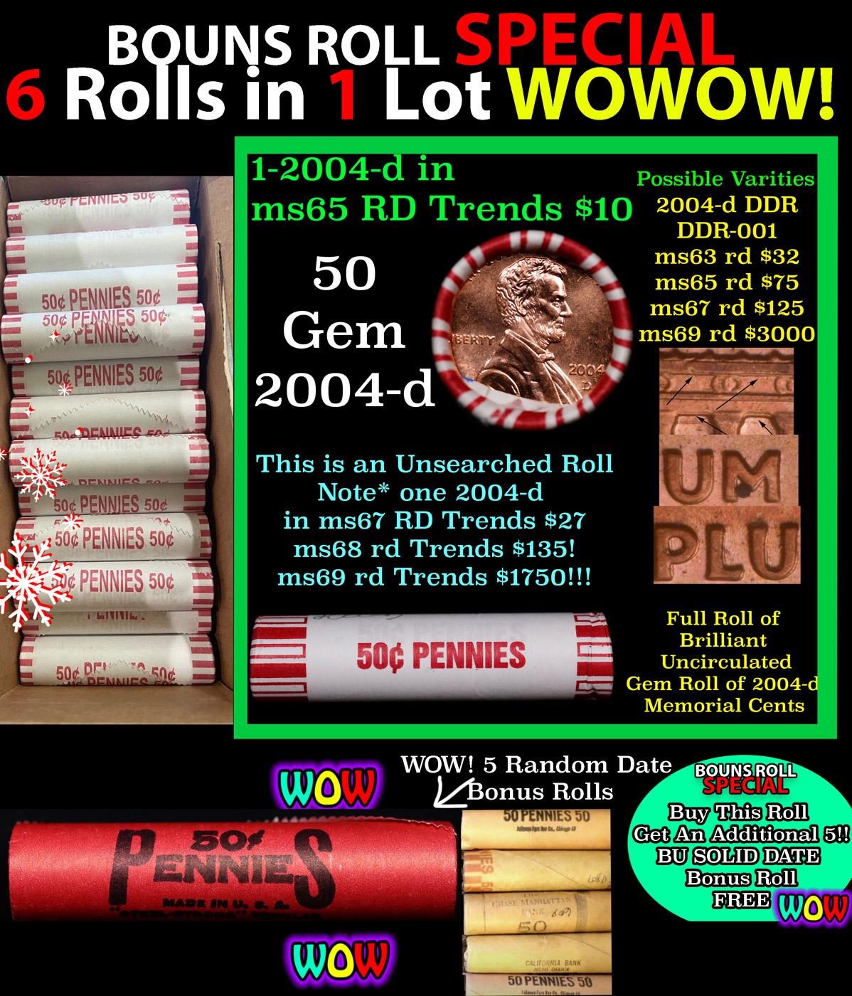THIS AUCTION ONLY! BU Shotgun Lincoln 1c roll, 2004-d 50 pcs Plus FIVE bonus random date BU roll! Ba