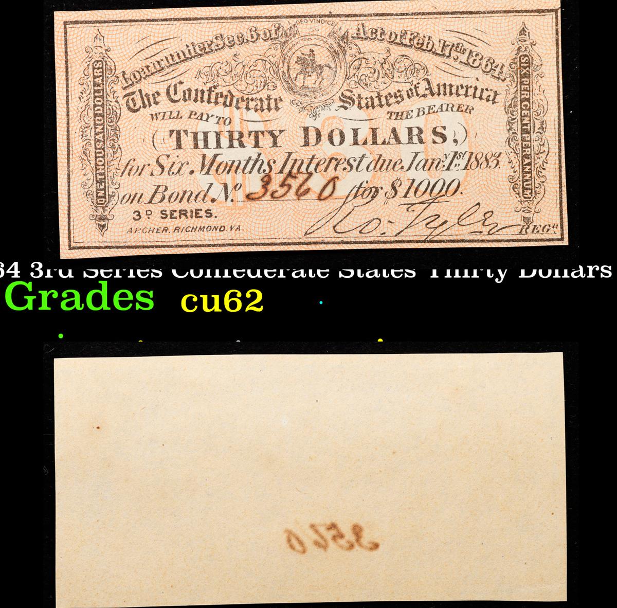 1864 3rd Series Confederate States Thirty Dollars Note Grades Select CU