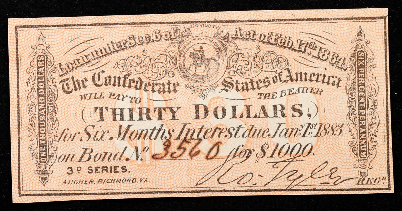 1864 3rd Series Confederate States Thirty Dollars Note Grades Select CU