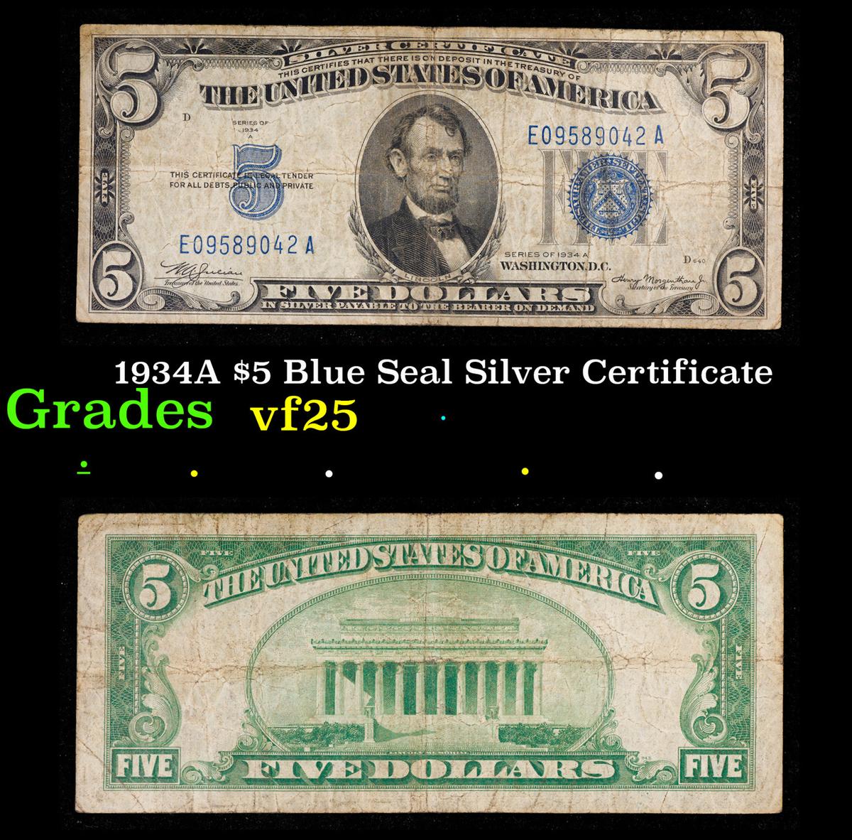 1934A $5 Blue Seal Silver Certificate Grades vf+