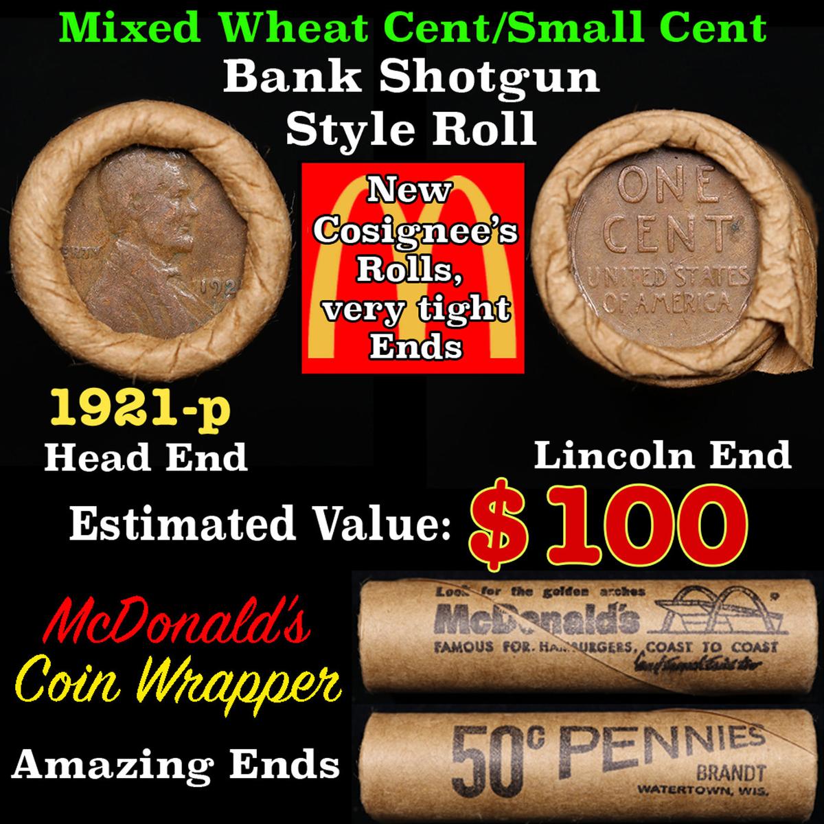 Lincoln Wheat Cent 1c Mixed Roll Orig Brandt McDonalds Wrapper, 1921-p end, Wheat other end