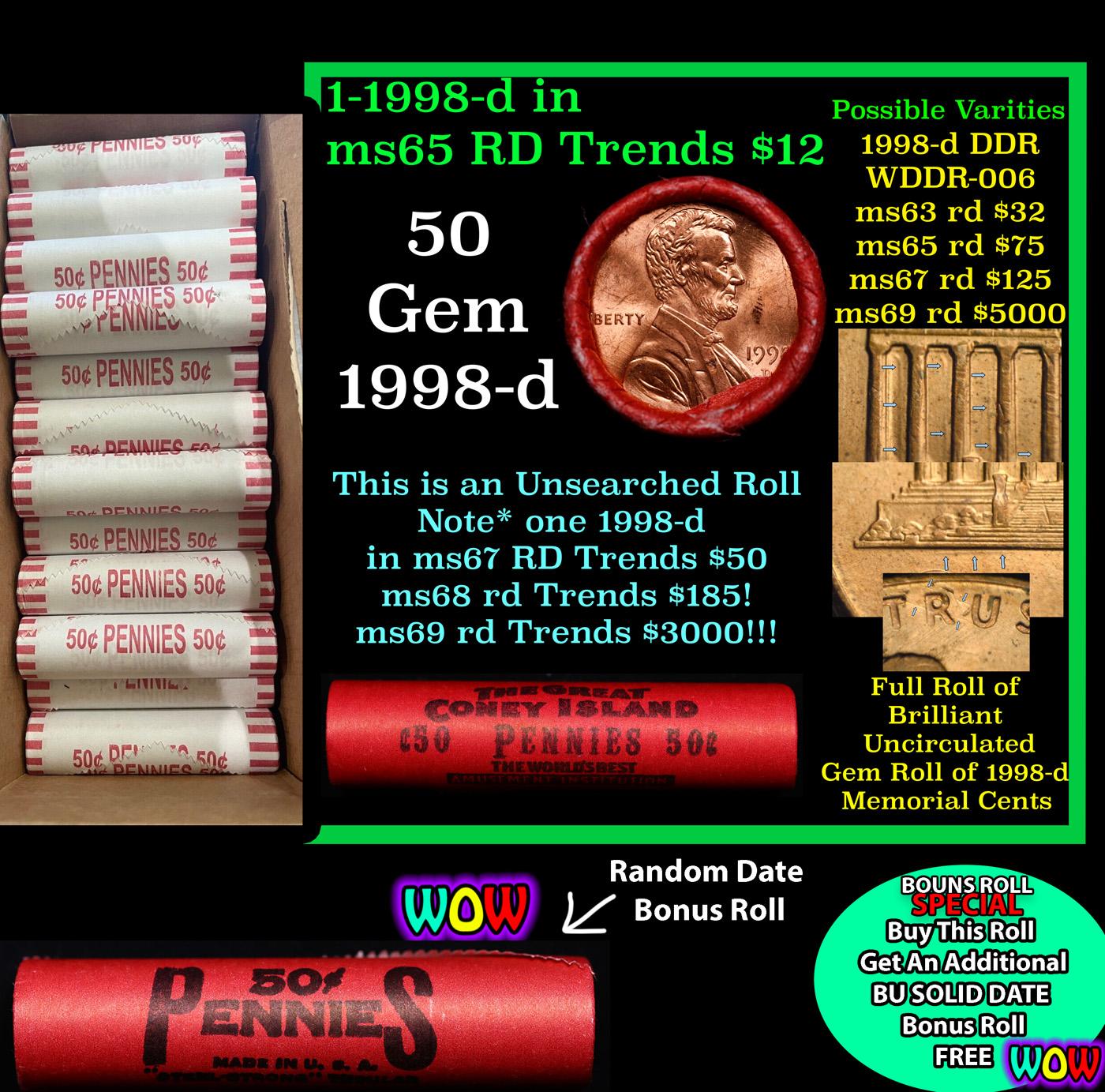 THIS AUCTION ONLY! BU Shotgun Lincoln 1c roll, 1986-d 50 pcs Plus one bonus random date BU roll! Ban