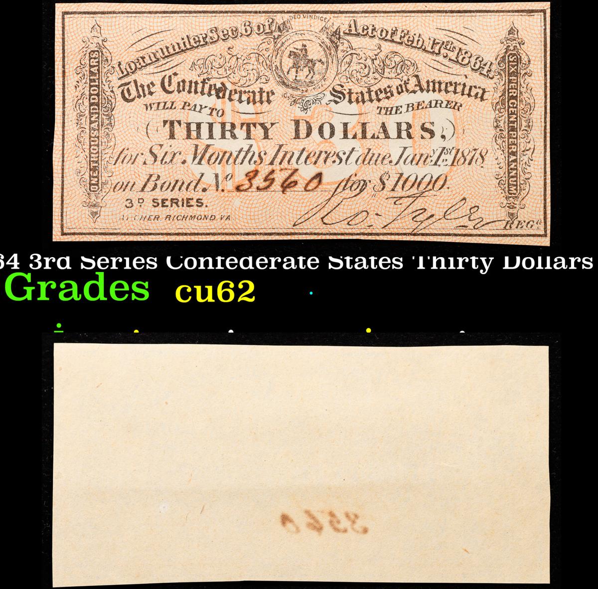 1864 3rd Series Confederate States Thirty Dollars Note Grades Select CU