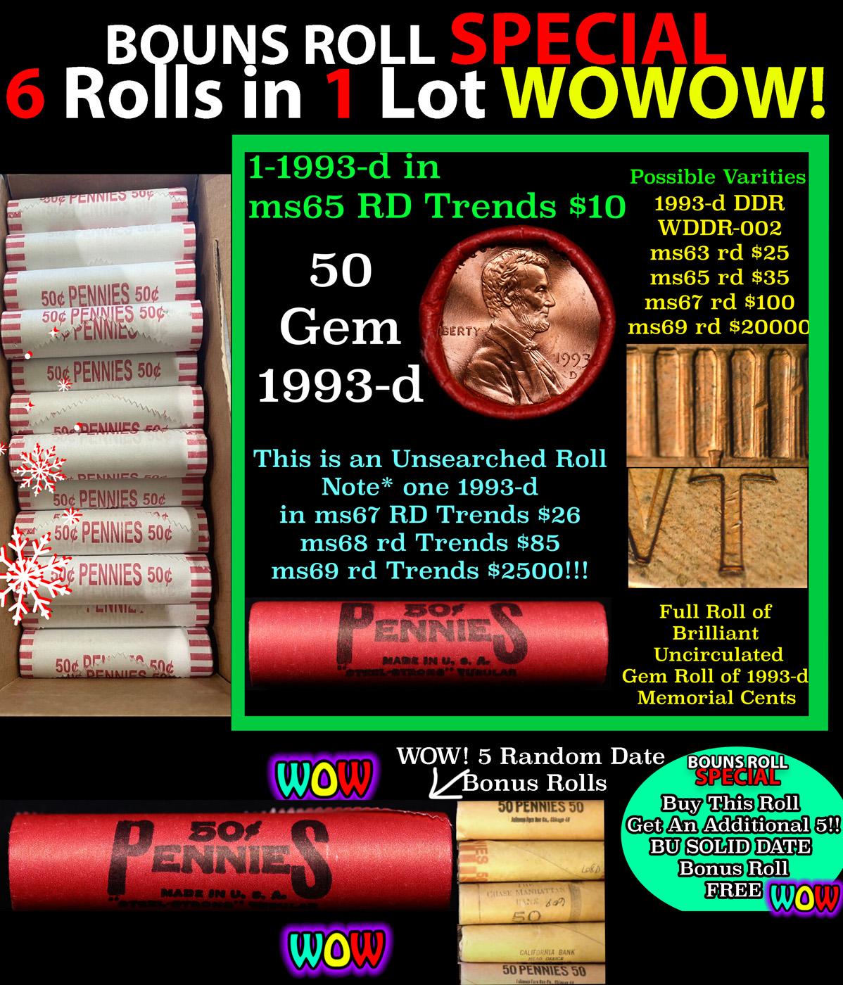 THIS AUCTION ONLY! BU Shotgun Lincoln 1c roll, 1993-d 50 pcs Plus FIVE bonus random date BU roll! Ba