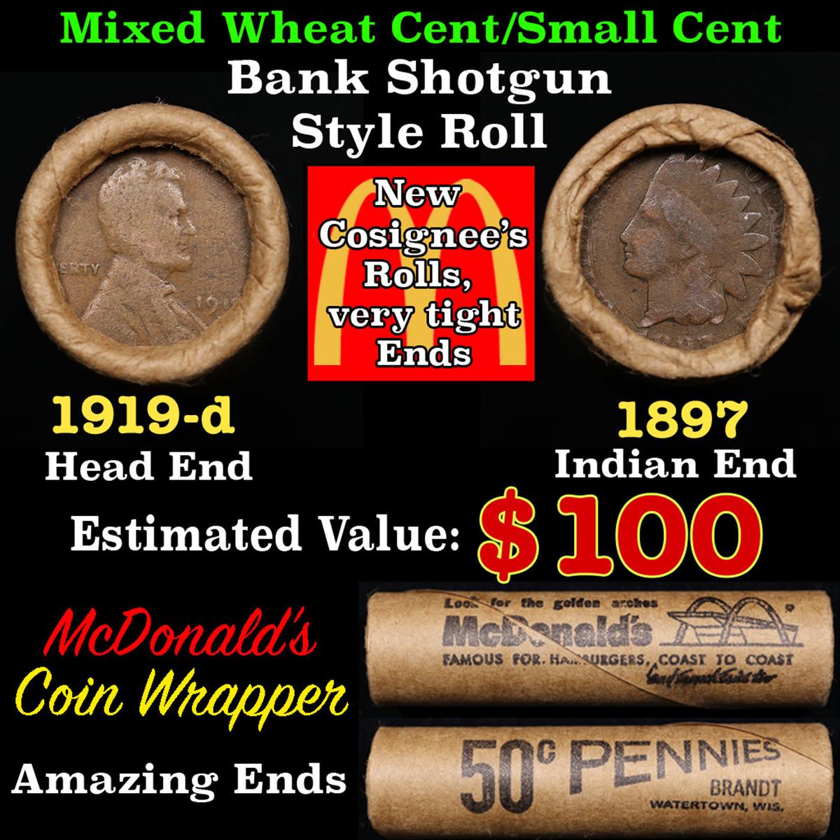 Small Cent 1c Mixed Roll Orig Brandt McDonalds Wrapper, 1919-d Wheat end, 1897 Indian other end