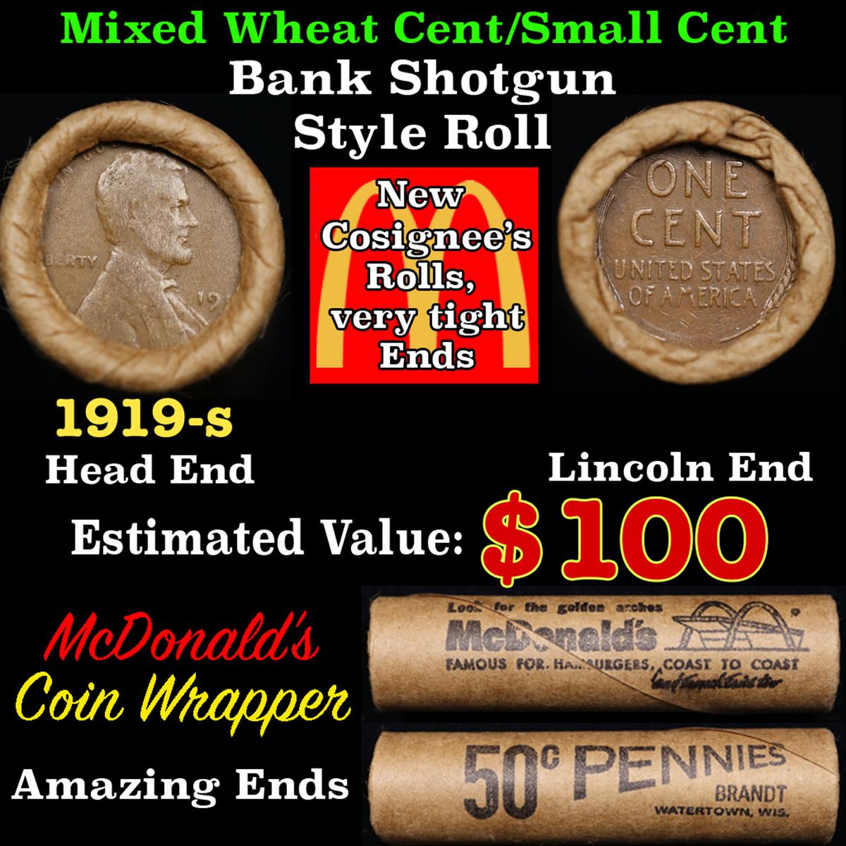 Lincoln Wheat Cent 1c Mixed Roll Orig Brandt McDonalds Wrapper, 1919-s end, Wheat other end