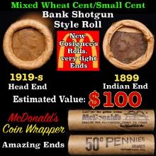 Small Cent Mixed Roll Orig Brandt McDonalds Wrapper, 1919-s Lincoln Wheat end, 1899 Indian other end