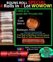 THIS AUCTION ONLY! BU Shotgun Lincoln 1c roll, 1991-d 50 pcs Plus THREE bonus random date BU roll! B