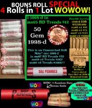 THIS AUCTION ONLY! BU Shotgun Lincoln 1c roll, 1998-d 50 pcs Plus THREE bonus random date BU roll! B