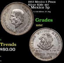 1953 Mexico 5 Pesos Silver KM# 467 Grades Brilliant Uncirculated