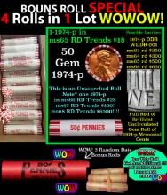 THIS AUCTION ONLY! BU Shotgun Lincoln 1c roll, 1974-p 50 pcs Plus THREE bonus random date BU roll! B