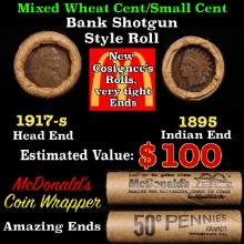 Small Cent Mixed Roll Orig Brandt McDonalds Wrapper, 1917-s Lincoln Wheat end, 1895 Indian other end