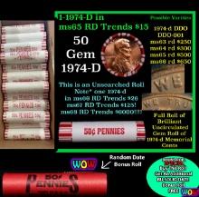 THIS AUCTION ONLY! BU Shotgun Lincoln 1c roll, 1974-p 50 pcs Plus one bonus random date BU roll! Ban