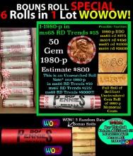 THIS AUCTION ONLY! BU Shotgun Lincoln 1c roll, 1980-p 50 pcs Plus FIVE bonus random date BU roll! Ba