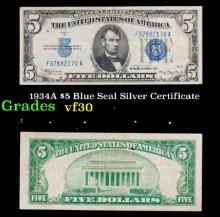 1934A $5 Blue Seal Silver Certificate Grades vf++