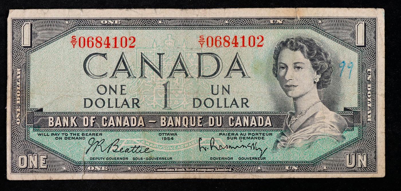 1954 $1 Canada Banknote Grades vf+