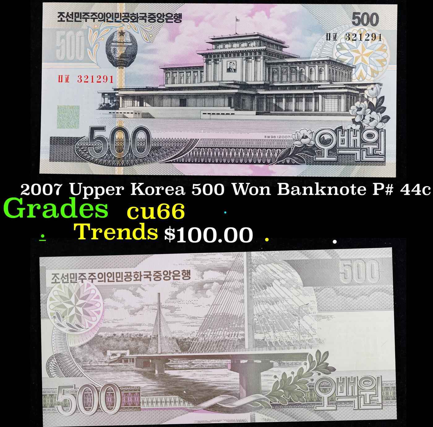 2007 Upper Korea 500 Won Banknote P# 44c Grades Gem+ CU