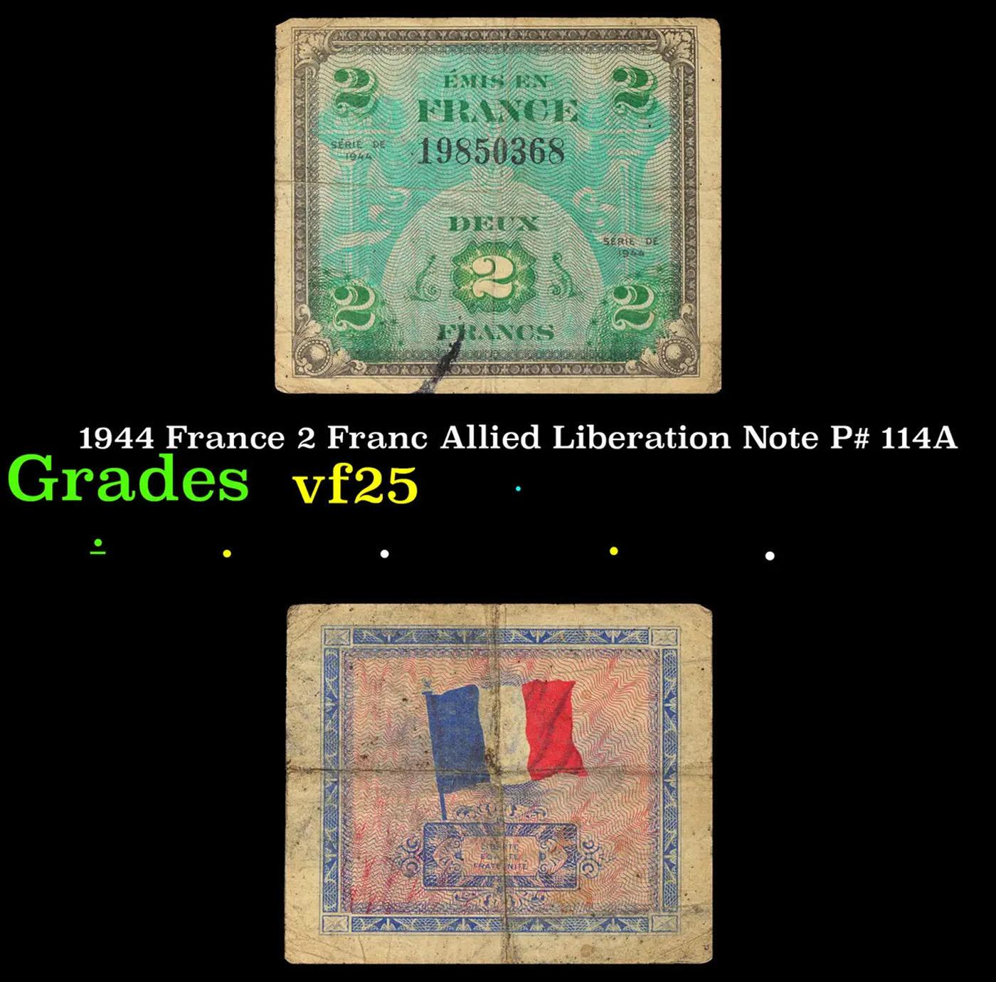 1944 France 2 Franc Allied Liberation Note P# 114A Grades vf+