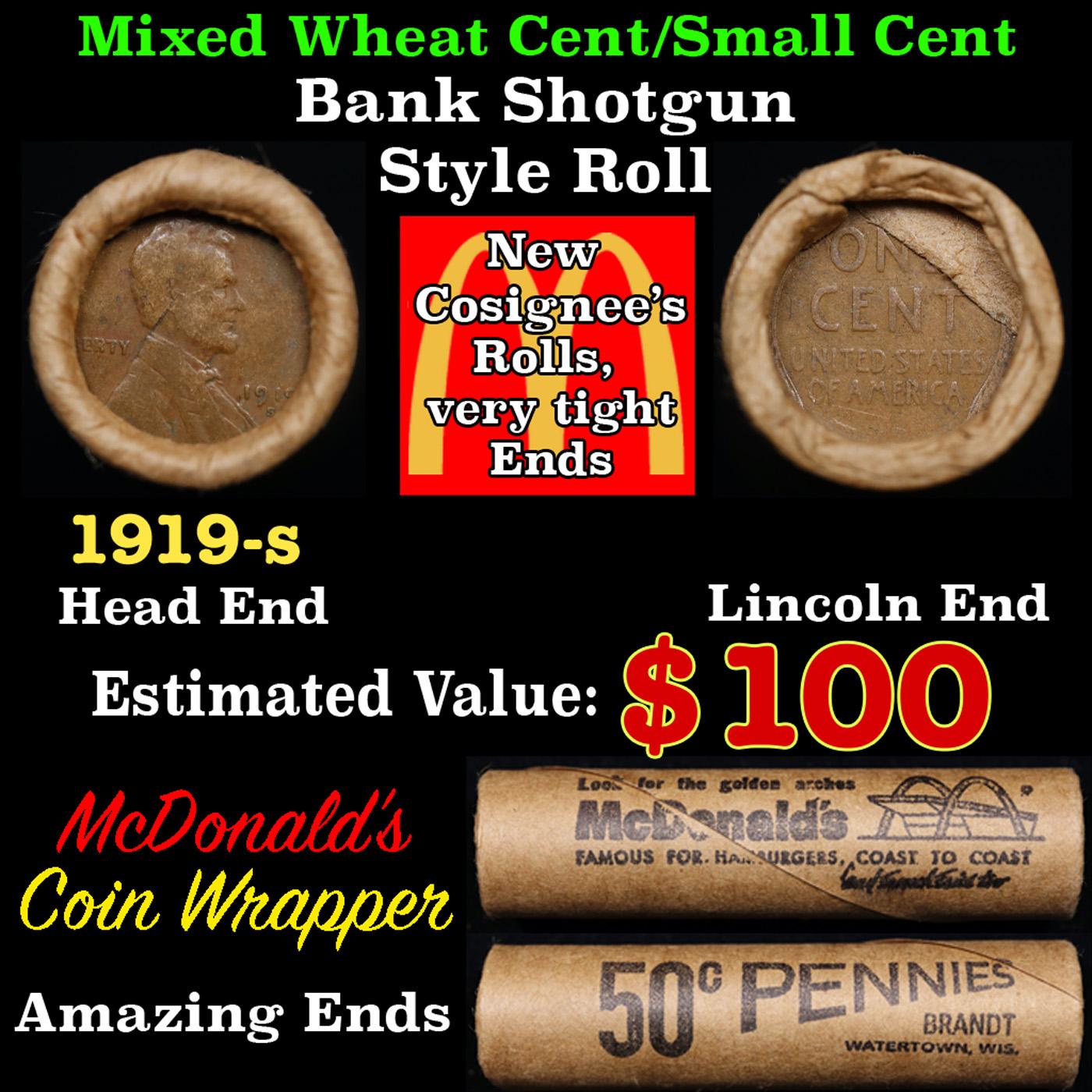 Lincoln Wheat Cent 1c Mixed Roll Orig Brandt McDonalds Wrapper, 1919-s end, Wheat other end