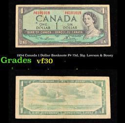 1954 Canada 1 Dollar Banknote P# 75d, Sig. Lawson & Bouey Grades vf++